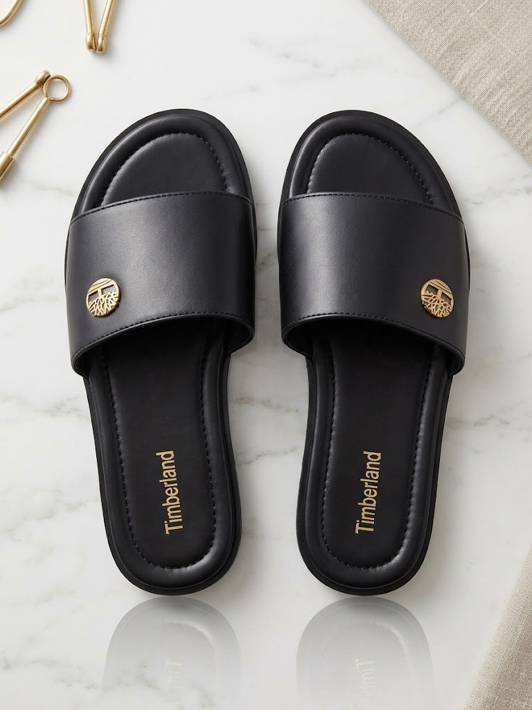 Timberland Essential Black Leather Slides with Gold Hardware