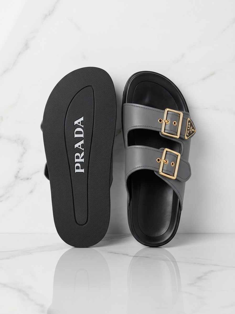 Prada Buckle Detail Leather Slides